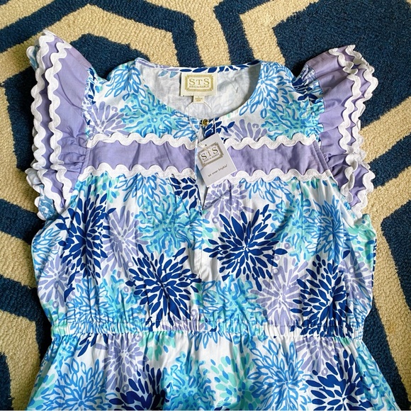 🩵 SAIL TO SABLE PURPLE BLUE WHITE RUFFLE SLEEVE RIC RACK TRIM MIDI DRESS! - Picture 8 of 14